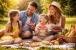 © Denis Chubchenko - Happy young family having a picnic in a sunny park. Parents and children laughing and eating watermelon and fruits on a blanket in nature. Summer vacation and togetherness concept.