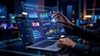 © FoxGrafy - Hand interacts with an innovative AI analytics platform displaying predictive data and neural network performance.