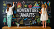 © DUBOIS CAMILLE JADE - Two girls drawing colorful chalk art on a blackboard with Adventure Awaits text. Creative kids sketching campfire and nature icons in a classroom. Imagination concept for camp marketing.
