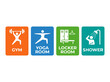 © aditya - Fitness center signage pack featuring gym, yoga room, locker room, and shower illustrations for health club.
