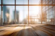 © Jordi - Warm, sunlit wooden tabletop in foreground, blurred modern cityscape beyond