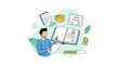 © SC-7 - A business professional holds a document and points at an open book featuring a portrait while a graduation cap hovers in a clean vector business graphic layout.
