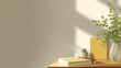 © AS_SleepingPanda - A bright workspace interior with a yellow notebook and a glass vase with green leaves sitting on a wooden desk under soft natural sunlight casting shadows on a white wall