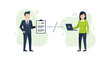 © SC-7 - A business professional presents a verified checklist while an associate works on a laptop computer in a clean, minimalist flat design vector illustration with pastel tones.