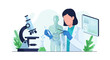 © SC-7 - A researcher wearing blue latex gloves examines a glowing chemical test tube while observing a 3D anatomical skeletal projection inside a high-tech medical research facility.