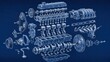 © crispy - Blueprint of internal combustion engine with exploded view of auto parts. Mechanic design and mechanical engineering concept