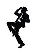 © Farzana - Dynamic male dancer silhouette, elegant man in fedora hat and suit, performing a stylish dance move, black vector graphic for entertainment and performance themes.