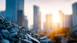 © Laura - Mountain of rubbish and debris accumulating at an urban construction site under bright daylight representing waste and environmental impact. Defocused site background.