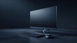 © sameen - Dark workspace with modern computer setup sleek monitor keyboard and mouse on a desk in a dimly lit room with a minimalist aesthetic