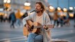 © Pinklife - A relaxed man in casual attire plays acoustic guitar and sings, creating a captivating atmosphere filled with music and urban life as people walk by in the background.