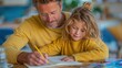 © Pinklife - A loving father helps his daughter with her writing, both focused on their tasks while sharing a special moment together in a cozy, creative home environment.