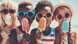 © DSimage - Happy kids in sunglasses enjoying colorful ice cream popsicles on a sunny summer day at the beach, fun childhood vacation concept.