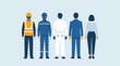 © Amirah - A flat vector illustration of five professionals standing side by side, viewed from the back
