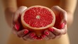 © Anastasiya Marchenko - Close-up of female hands with pink nails gently holding a halved grapefruit with vibrant red pulp