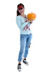© Pixel-Shot - Scary zombie woman with pumpkin on white background