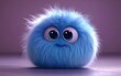 © Ulyana - round fluffy blue creature with huge sparkling eyes and small smile on soft purple background, adorable and cheerful expression
