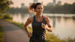 © Peter - Woman running on path by water, female athlete jogging along river or lake shore for healthy lifestyle and morning exercise in nature