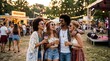 © pkproject - Four friends enjoying drinks and smiling at an outdoor festival with string lights and food trucks in the background