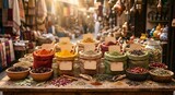 Abundant Spice Display in Labeled Sacks at an Outdoor Market
