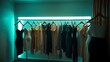 © yu - shapewear. Dressing room with soft lighting and various shapewear garments arranged before a mirror. lifestyle magazines.