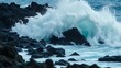 © yi - planck. A massive ocean wave crashing against dark coastal rocks during a storm. travel magazines, destination branding, designed for outdoor magazines and nature guides, inspires travel planning.