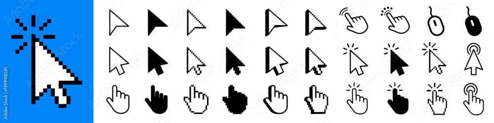 Click cursor set icon, arrow and hand pointer, computer cursor mouse ...