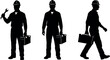 © BIPUL - Professional industrial maintenance worker silhouette collection featuring male repairman holding wrench and carrying toolkit for construction and engineering service projects.