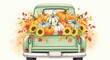 © Sadia - Vintage truck with autumn harvest pumpkins sunflowers and fall foliage