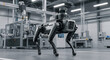 © SM Graphics - Quadrupedal robot dog walking through modern industrial automated factory for inspection and security.