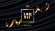 © backup16 - VIP invitation background. Gold frame with golden silk ribbon and text VIP on black curtain backdrop with soft light rays. Elegant luxury vector illustration for event, party, ceremony, celebration.