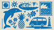 © Outline Icon Set - A collection of blue illustrated elements dolphin palm trees van and marine life