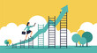 © Protik - Determined businesswoman climbs a rising green arrow graph using various ladders to overcome challenges and reach career success.