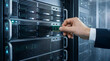 © DesignSells - Hand inserting server module into rack for data center infrastructure and IT maintenance