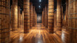 © ainynoer - An immersive art installation featuring tall cylindrical bamboo structures arranged in a symmetrical gallery space with polished wooden floors and focused overhead lighting creating dramatic shadows