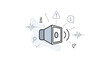 © May - Public service announcements. A central speaker or screen broadcasts a clear message while simple icons like alerts and information symbols radiate outward.
