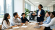 © Xenia - Smiling businesswoman leading a team meeting in a modern office. Diverse group of corporate professionals collaborating at a conference table. Leadership and teamwork concept