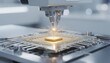 © DigitalSpace - Automated ball bonding machine precisely attaches fine gold wires from microchip dies to lead frames with a glowing spot weld showcasing hightech semiconductor assembly.