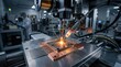 © DigitalSpace - Automated ball bonding machine precisely attaches fine gold wires from microchip dies to lead frames with a glowing spot weld showcasing hightech semiconductor assembly.