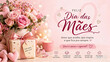 © Debora - Feliz Dia das Mães com flores rosas, presente elegante e fundo romântico delicado