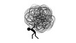© Iryna - Stick Figure Carrying Heavy Tangled Scribble Knot. Represents psychological burden, overwhelming stress, professional burnout, and the weight of complex problems or mental health struggles.