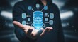 © SABYDA - Person holding glowing blue database with gear and multiple data flow arrows technology