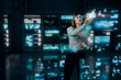 © Rendara Studio - Programmer woman interacting with multiple code screens in 3D server room