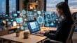 © Mikhail - Woman analyst working on laptop with digital email and workflow automation icons. Business process management and communication technology concept. Modern office software task automation.