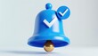 © Viktor - Blue 3D bell icon with checkmark symbol for success or confirmation. Digital interface element on plain background. Modern app design. Notification alert.