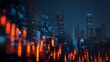 © Sriyani - Dynamic red and blue financial candlestick charts dominate the foreground, with the blurry lights of a modern city skyline visible in the background.