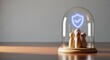 © MopoWe - Wooden figures stand under a glass cloche protected by a glowing blue security shield icon. Minimalist setup with professional lighting and sharp focus. Ideal for financial security branding.