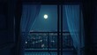 © aoao - Peaceful night view from a dark room looking through a balcony at a bright full moon. The city lights glow below under a deep blue sky, framed by soft curtains for a cozy, urban feel.