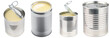 © GraphicPNG - Shiny metal cans of sweet condensed milk, some open and ready for use, isolated on a transparent background.