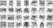 © victoria - Food and Bakery Shop Display Cases and Shelves Collection - Black and White Outline Line Art Vector Icons for Retail and Confectionery Stores