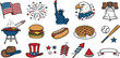 © MST HASMOTARA - Vintage hand drawn patriotic American icons set with flags liberty bell eagle BBQ food and fireworks for July 4th Independence Day celebration design vector.
